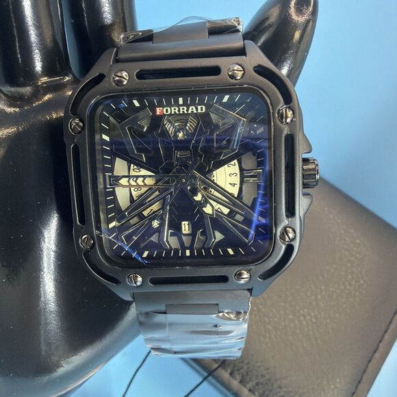 Forrad Mens Skeleton Quartz Black Watch Metal Bracelet With a heavy Padded box main image 6